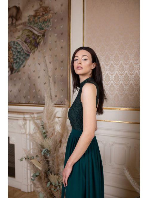 Maxi šaty s čipkovaným topom - tmavozelená