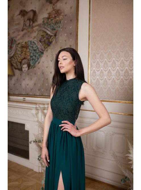 Maxi šaty s čipkovaným topom - tmavozelená