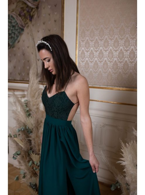 Mušelínové šaty bez chrbtovej časti s čipkovaným topom - tmavozelená