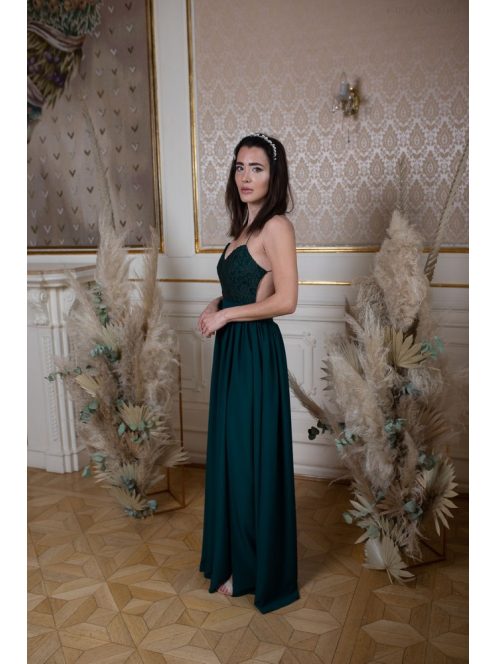 Mušelínové šaty bez chrbtovej časti s čipkovaným topom - tmavozelená