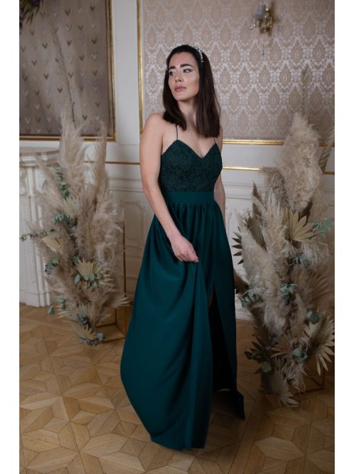 Mušelínové šaty bez chrbtovej časti s čipkovaným topom - tmavozelená