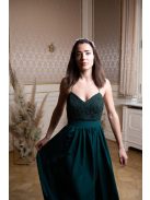 Mušelínové šaty bez chrbtovej časti s čipkovaným topom - tmavozelená