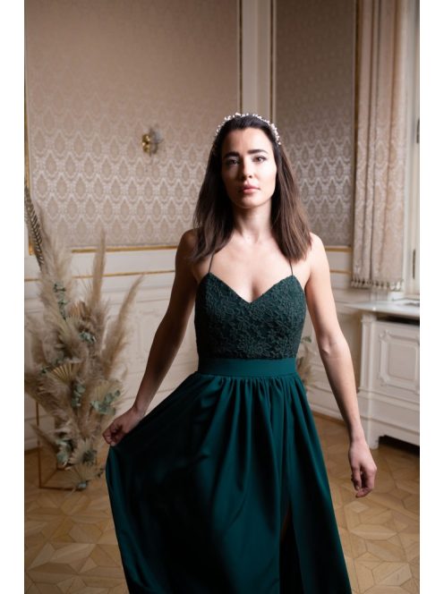 Mušelínové šaty bez chrbtovej časti s čipkovaným topom - tmavozelená