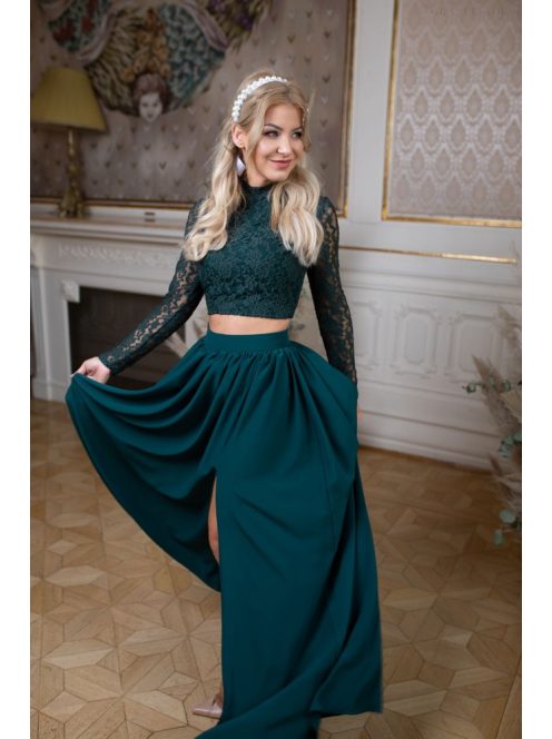 Čipkovaný top s dlhým rukávom – tmavozelený