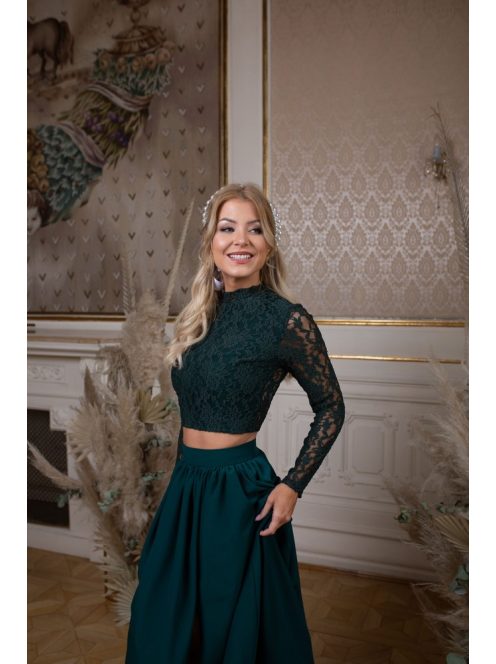Čipkovaný top s dlhým rukávom – tmavozelený