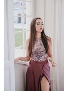 Shiny top - staroružový crop top s čipkou a flitrami