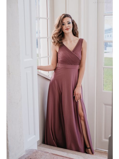 Gracious – staroružové maxi šaty, s prekladaným a rebrovaným dekoltom