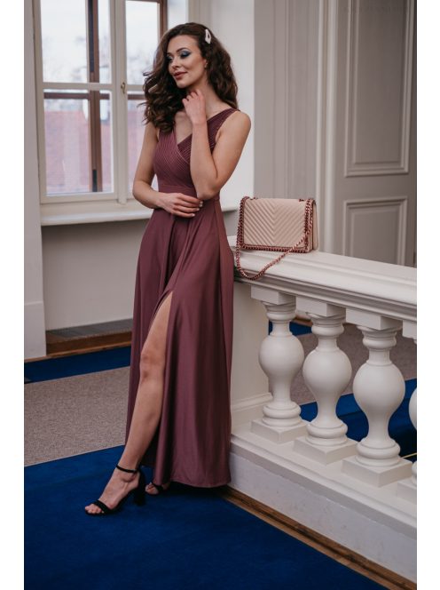 Gracious – staroružové maxi šaty, s prekladaným a rebrovaným dekoltom