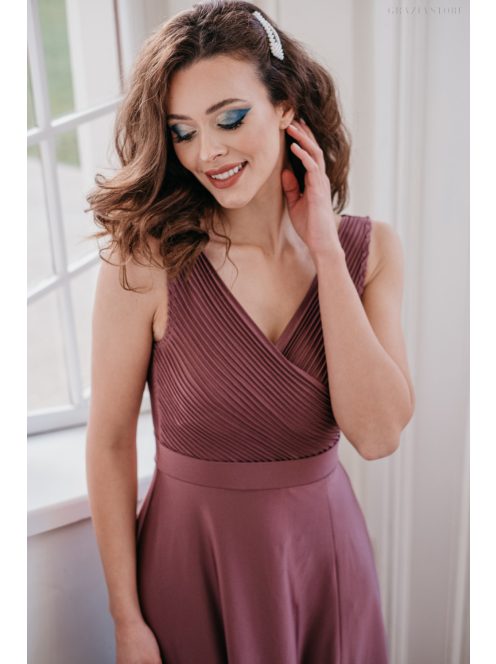 Gracious – staroružové maxi šaty, s prekladaným a rebrovaným dekoltom