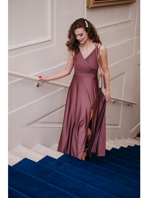 Gracious – staroružové maxi šaty, s prekladaným a rebrovaným dekoltom