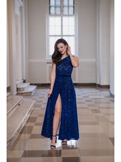 Eve – tmavomodré jednostranné čipkované maxi šaty