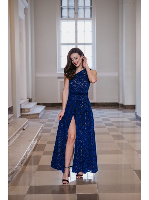 Eve – tmavomodré jednostranné čipkované maxi šaty