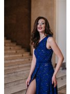 Eve – tmavomodré jednostranné čipkované maxi šaty