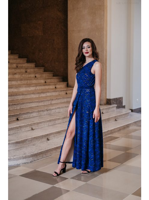 Eve – tmavomodré jednostranné čipkované maxi šaty