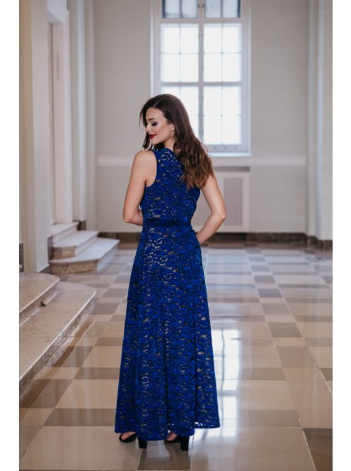 Eve – tmavomodré jednostranné čipkované maxi šaty