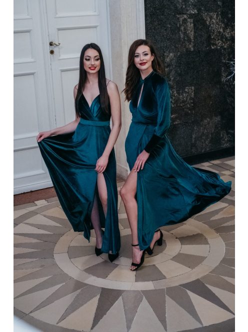 Scarlett - zelené velúrové maxi šaty s dlhým rukávom