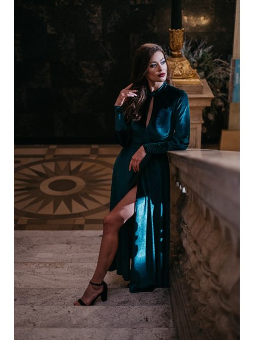 Scarlett - zelené velúrové maxi šaty s dlhým rukávom