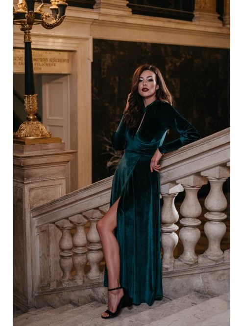 Scarlett - zelené velúrové maxi šaty s dlhým rukávom