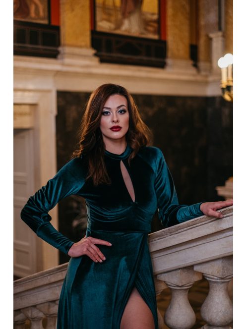 Scarlett - zelené velúrové maxi šaty s dlhým rukávom