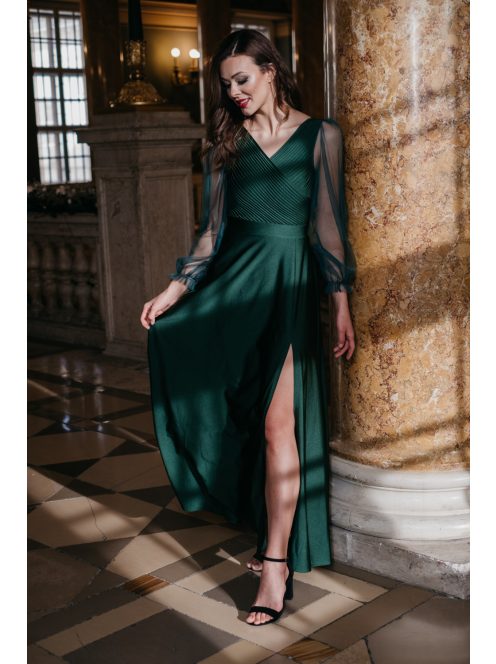 Gracious Long – tmavozelené maxi šaty s rebrovaným dekoltom 