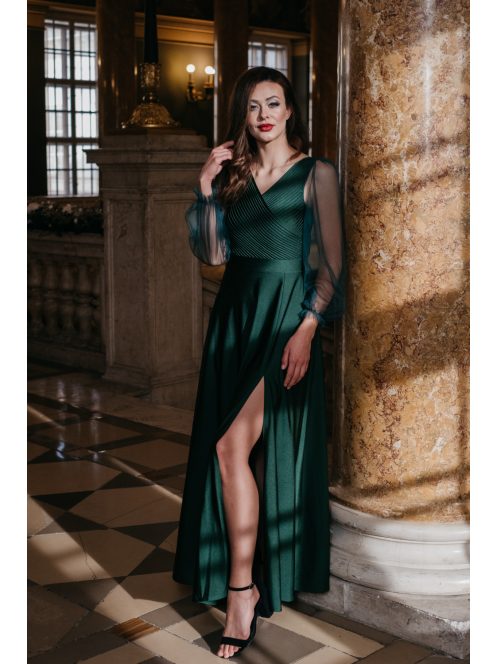 Gracious Long – tmavozelené maxi šaty s rebrovaným dekoltom 