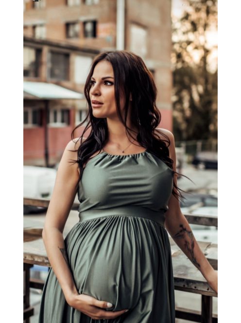 Vpredu-vzadu uzavreté bezrukávové maxi šaty - army