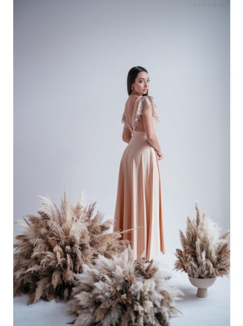 Anasztázia – maxi šaty vo farbe šampanské s volánovými rukávmi