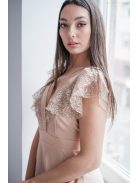 Anastázia – maxi šaty vo farbe šampanské s volánovými rukávmi