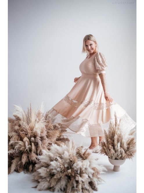 Kitti - midi šaty vo farbe šampanského s naberanými rukávmi