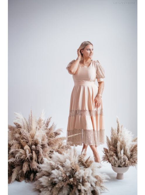 Kitti - midi šaty vo farbe šampanského s naberanými rukávmi