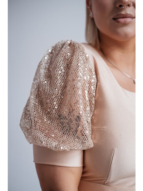 Kitti - midi šaty vo farbe šampanského s naberanými rukávmi