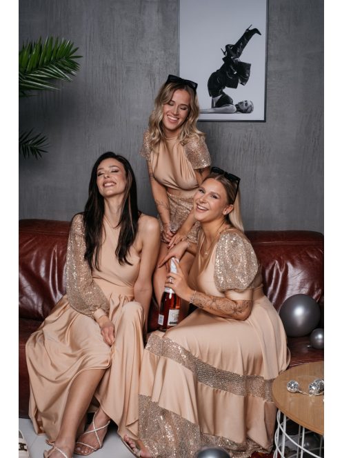 Kitti - midi šaty vo farbe šampanského s naberanými rukávmi