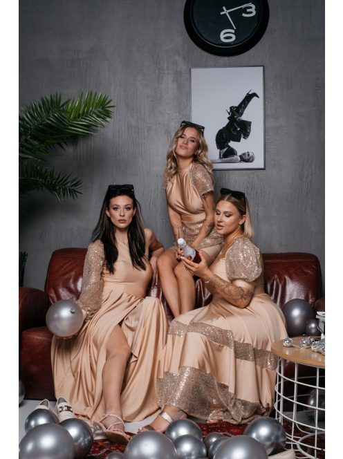 Kitti - midi šaty vo farbe šampanského s naberanými rukávmi