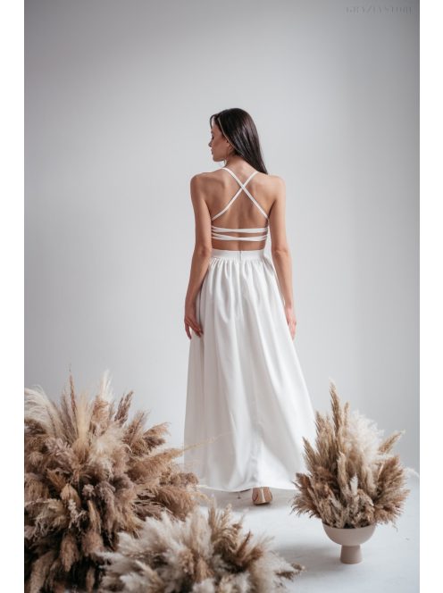 Madleine - biele saténové maxi šaty s ramienkami na chrbte