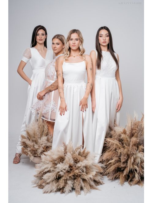 Madleine - biele saténové maxi šaty s ramienkami na chrbte