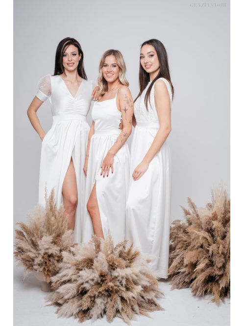 Madleine - biele saténové maxi šaty s ramienkami na chrbte