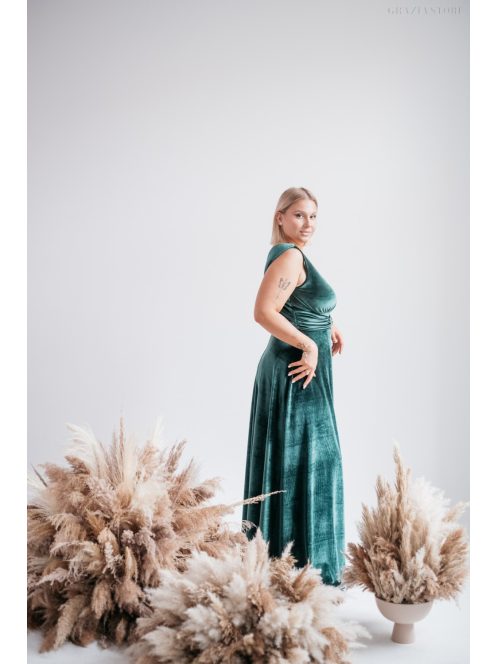 Heater – Tmavozelené velúrové šaty bez rukávov, s ozdobou v tvare opasku vpredu na páse.