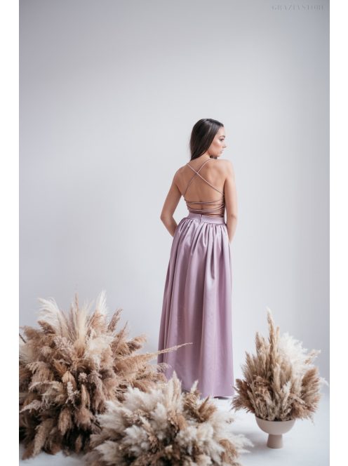 Madleine - staroružové saténové a velúrové maxi šaty s ramienkami na chrbte