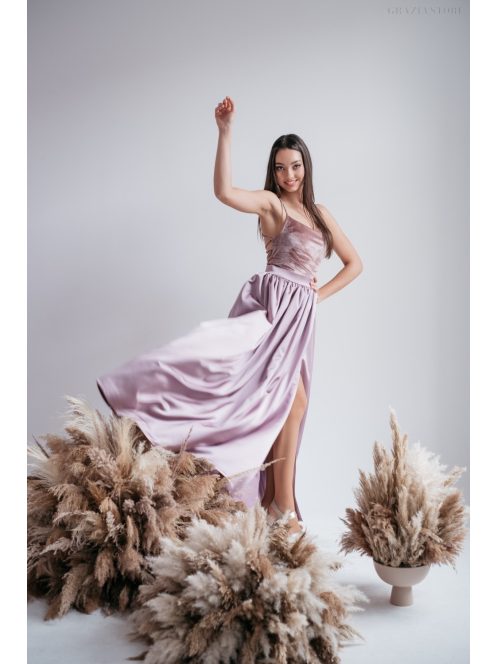 Madleine - staroružové saténové a velúrové maxi šaty s ramienkami na chrbte