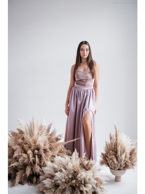 Madleine - staroružové saténové a velúrové maxi šaty s ramienkami na chrbte