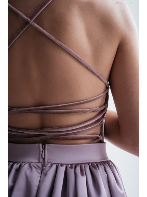 Madleine - staroružové saténové a velúrové maxi šaty s ramienkami na chrbte