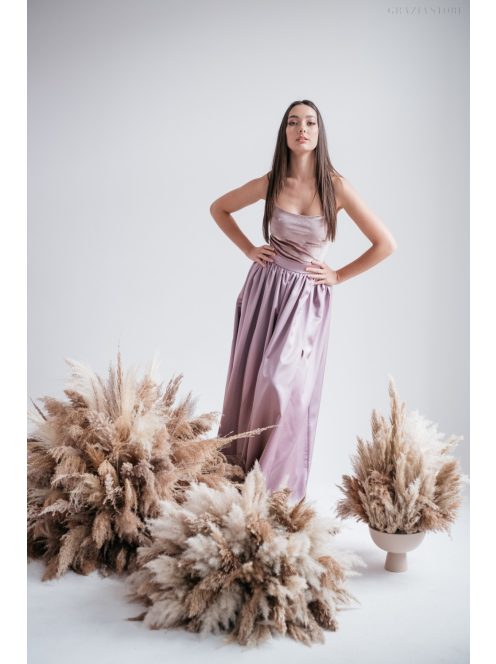 Madleine - staroružové saténové a velúrové maxi šaty s ramienkami na chrbte