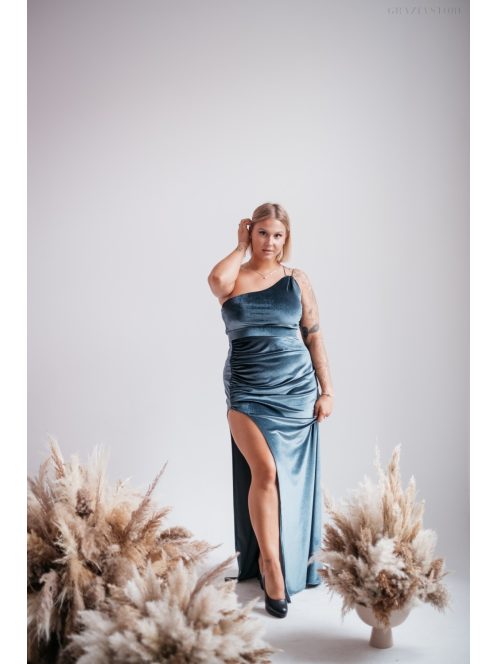 Helén - sivomodré velúrové maxi šaty s asymetrickým topom