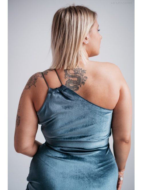 Helén - sivomodré velúrové maxi šaty s asymetrickým topom