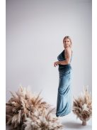 Helén - sivomodré velúrové maxi šaty s asymetrickým topom