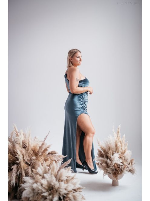 Helén - sivomodré velúrové maxi šaty s asymetrickým topom