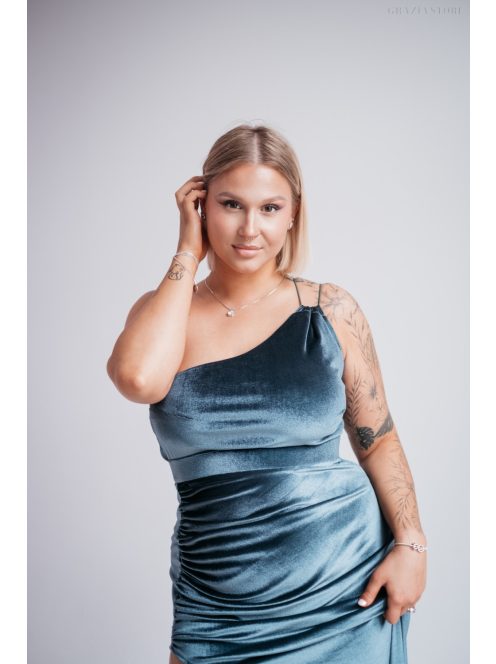 Helén - sivomodré velúrové maxi šaty s asymetrickým topom