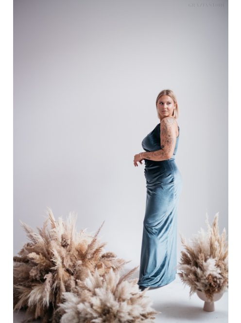 Helén - sivomodré velúrové maxi šaty s asymetrickým topom