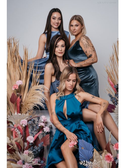 Helén - sivomodré velúrové maxi šaty s asymetrickým topom