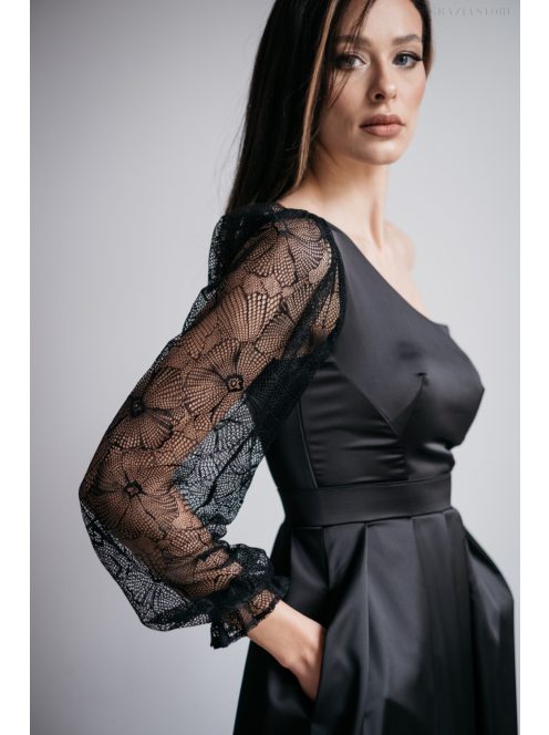 Nicole -Asymetrické čierne saténové maxi šaty